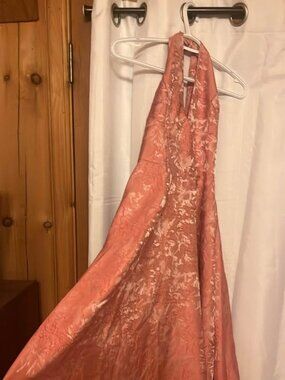 Jacquard Sculptural Halter Neckline Floral Lace Up Maxi Dress (Large - US 8)